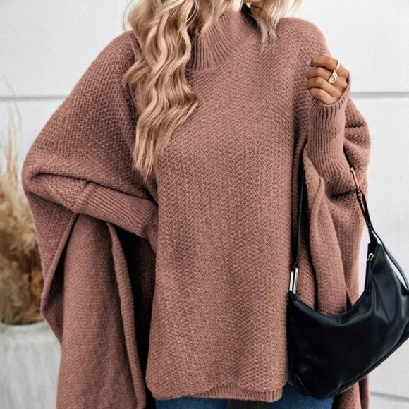 Comfy oversized Mock neck knit High Low Hem Sweater top Dusty Pink - Picture 3 of 4